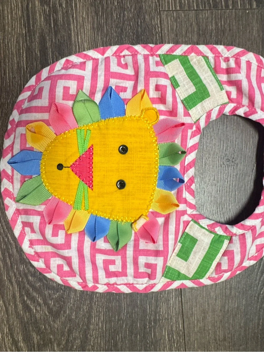 Mud Pie Pink Lion Ribbon-Trim Baby Bib